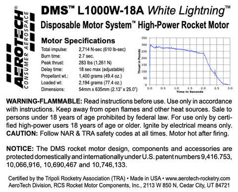 AeroTech L1000W-18A 54mm x 635mm Single Use DMS 1-Motor Kit - 121018